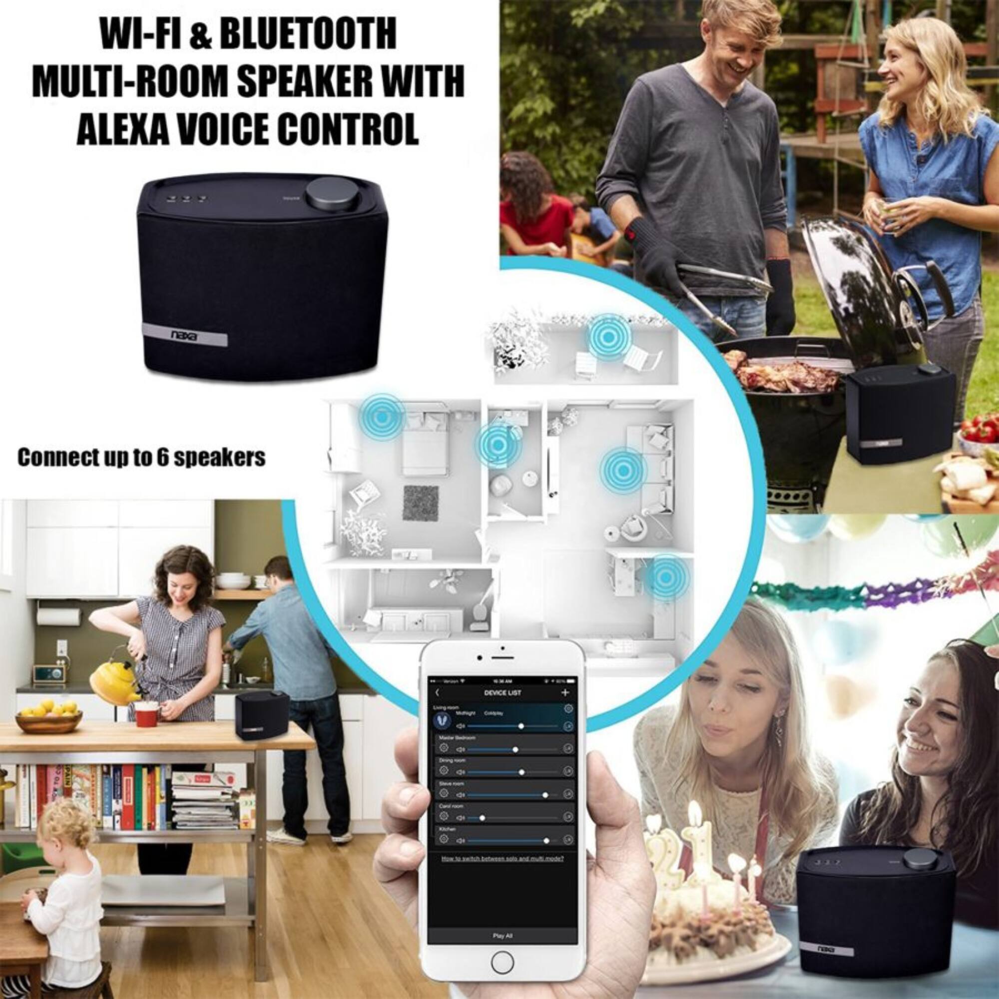 WI-FI & BLUETOOTH MULTI-ROOM SPEAKER WITH ALEXA VOICE CONTROL
Connect up to 6 speakers