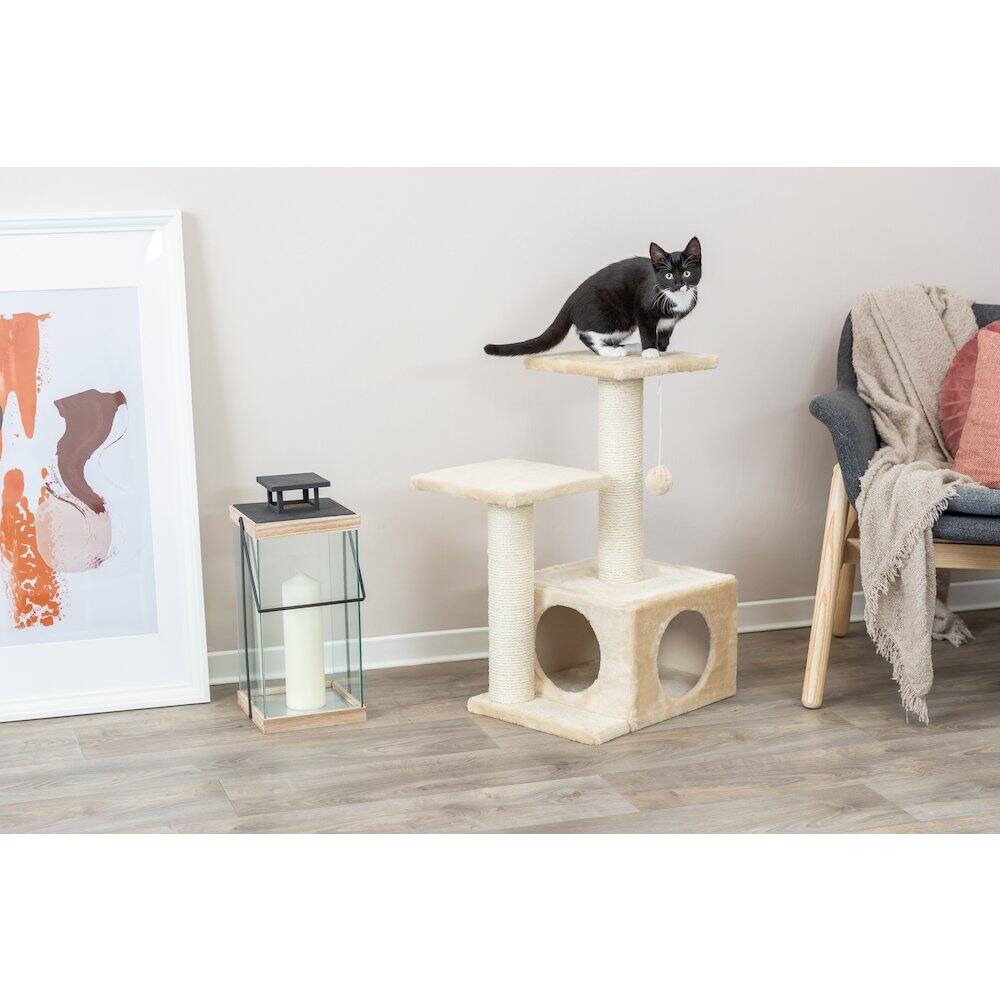 Angle. TRIXIE - Valencia Plush & Sisal 3-Level 28" Cat Tree with Scratching Posts & Condo - Beige.