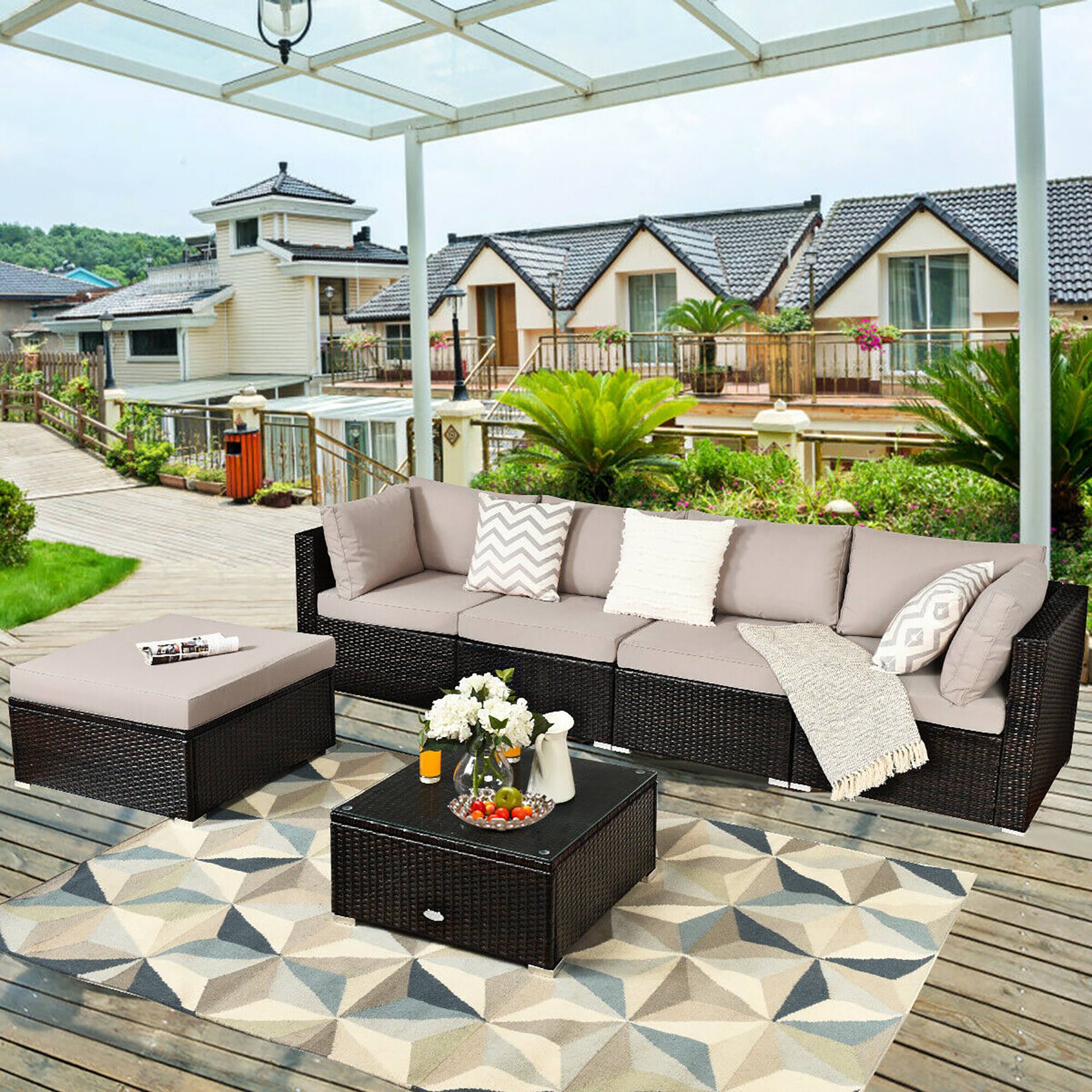 Alt View 3. Costway - Costway 6PCS Outdoor Patio Rattan Furniture Set Cushioned Sectional Sofa Ottoman - Beige.