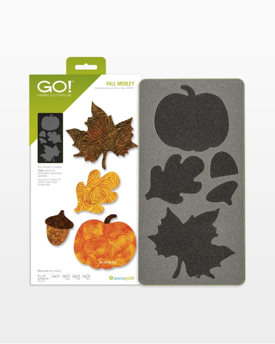 GO! FALL MEDLEY See shape measurements on back 55041 Die includes 5 shapes FREE pattern & embroidery downloads available Cut out top layers of 100% cotton with fusible web! 10% ACTUAL SIZE Works with (not included) GO! GO! GO! GO! Cutting mat be me AL 55112 accuquilt accu