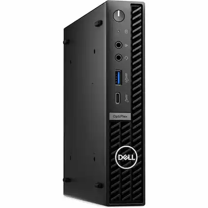 The image features a black desktop computer tower from Dell, which is a popular brand in the computing industry. The tower is a part of the OptiPlex series, known for its reliability and performance. The computer tower is sitting on a white background, making it the focal point of the image.