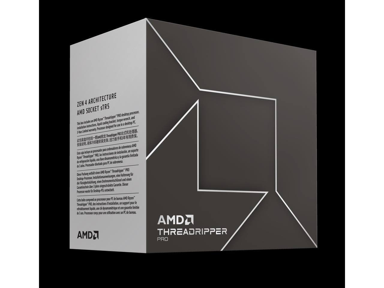ZEN 4 ARCHITECTURE  
AMD SOCKET sTR5  

This box includes an AMD Ryzen Threadripper PRO desktop processor, installation instructions, liquid cooling bracket, torque wrench, and 3-year limited warranty. Processor designed for use in a desktop PC.  

Estos caja incluye un procesador para ordenadores de sobremesa Ryzen™ "Threadripper™" PRO, así como las instrucciones de instalación, un soporte para refrigeración líquida, una llave de torx y una garantía limitada de 3 años.  

Diese Packung enthält ein AMD Ryzen Threadripper PRO Desktop-Prozessor, Installationsschritte, eine Flüssigkeitskühlung, eine Drehmomentschlüssel und eine 3-jährige eingeschränkte Garantie. Dieser Garantieschein ist für Desktop-PCs entwickelt.  

Cet emballage comprend un processeur pour PC de bureau AMD Ryzen™ "Threadripper™" PRO, des instructions d'installation, un support pour refroidissement liquide, une clé à moment et une garantie limitée de 3 ans. Processor conçu pour une utilisation avec un PC de bureau.