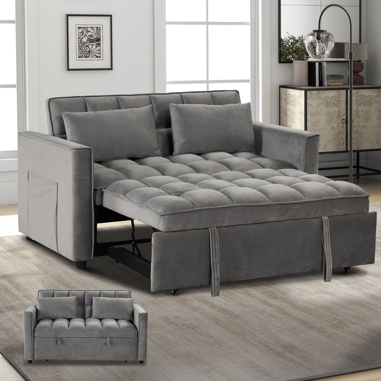 Angle. Bestier - Convertible Velvet Sofa Bed 3-in-1 Upholstered Pull Out Sleeper Sofa with 2 Pillows - Grey.