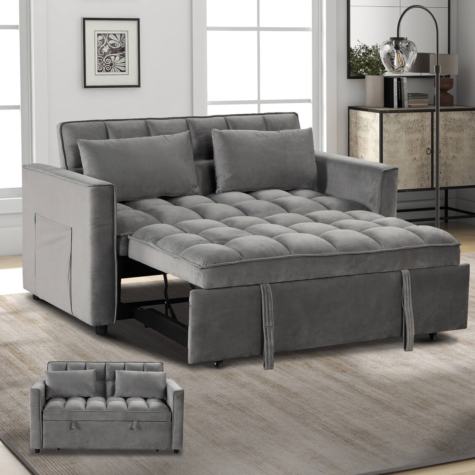 Angle. Bestier - Convertible Velvet Sofa Bed 3-in-1 Upholstered Pull Out Sleeper Sofa with 2 Pillows - Grey.