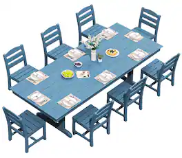 SERWALL - 9 Piece 84" HDPE Outdoor Dining Set for 8 with Armless Chairs and Umbrelle Hole - Blue