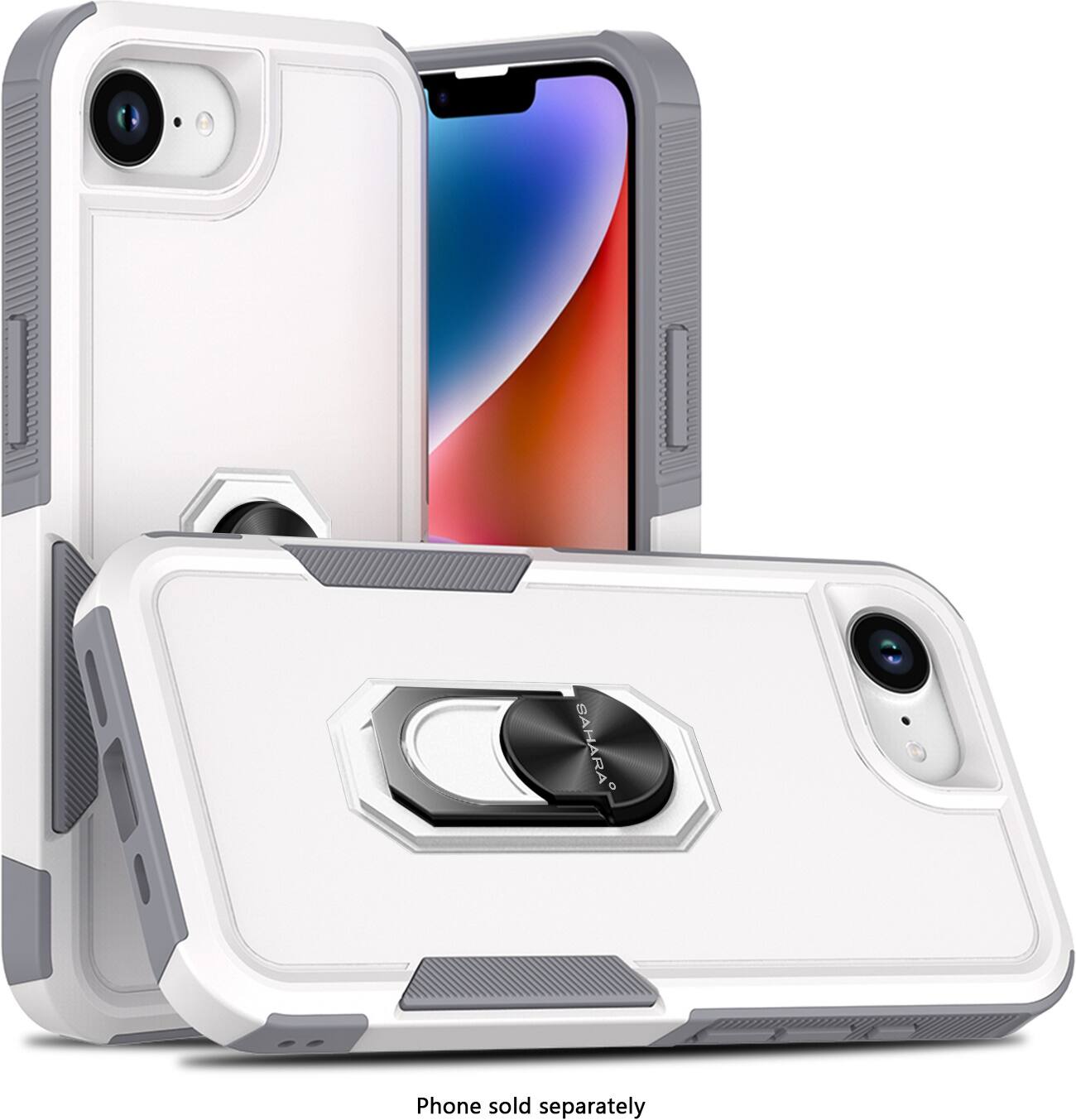 The image shows a white iPhone with a case on it, and the text on the image reads "Phone sold separately." This suggests that the phone and case are not bundled together, and the customer needs to purchase the phone separately.