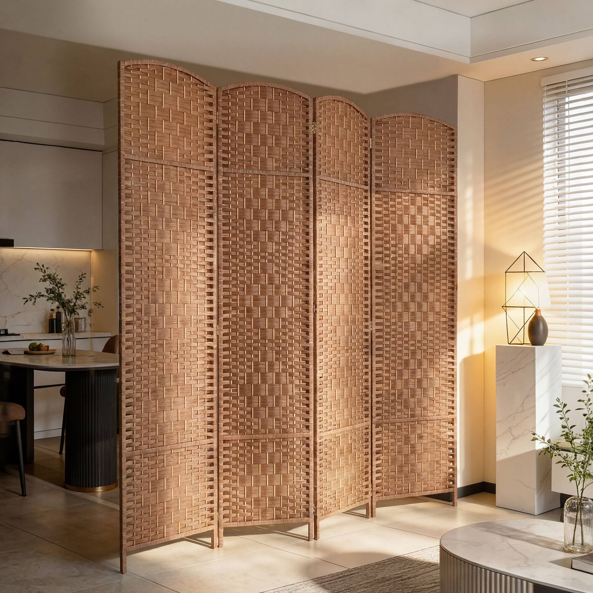 Alt View 8. Homcom - Divider 4 Panel, 6FT Tall Folding Privacy Screen, Freestanding Hand-Woven Partition for Room Separation with 360° Hinges - Natural Wood.