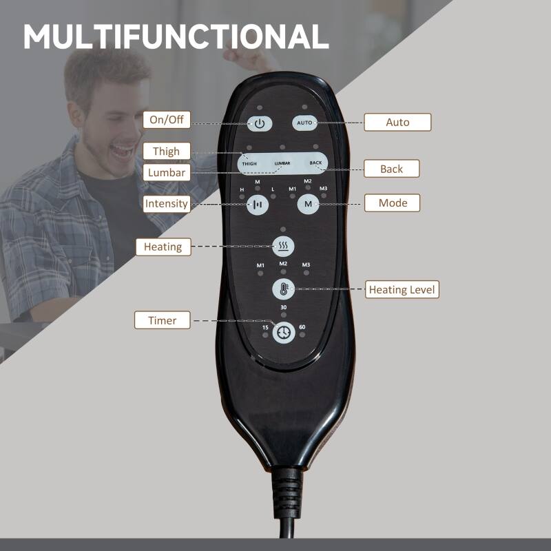 MULTIFUNCTIONAL

- On/Off
- Thigh
- Lumbar
- Intensity
- Heating
- Timer

AUTO
- Auto
- Back
- Mode
- Heating Level

Intensity Levels: M1, M2, M3

Heating Levels: 15, 30, 60