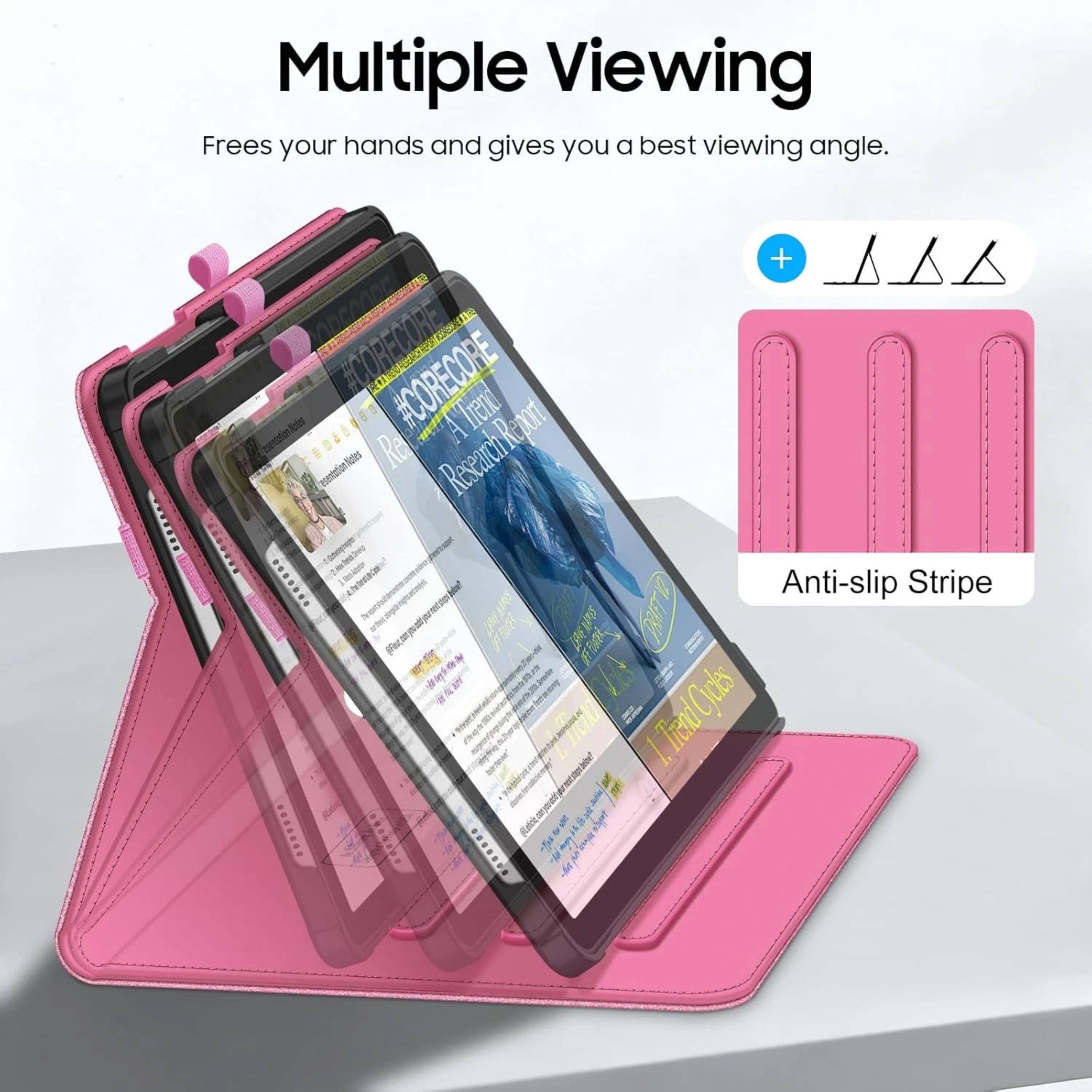 Multiple Viewing  
Frees your hands and gives you a best viewing angle.  

+ Anti-slip Stripe  

#CORECORE #CORECORE  
Mlrend Report resetation lates Re  
Anti-slip Stripe 5 PAITIO e 7 Cjdbs L TrendCjckes Res