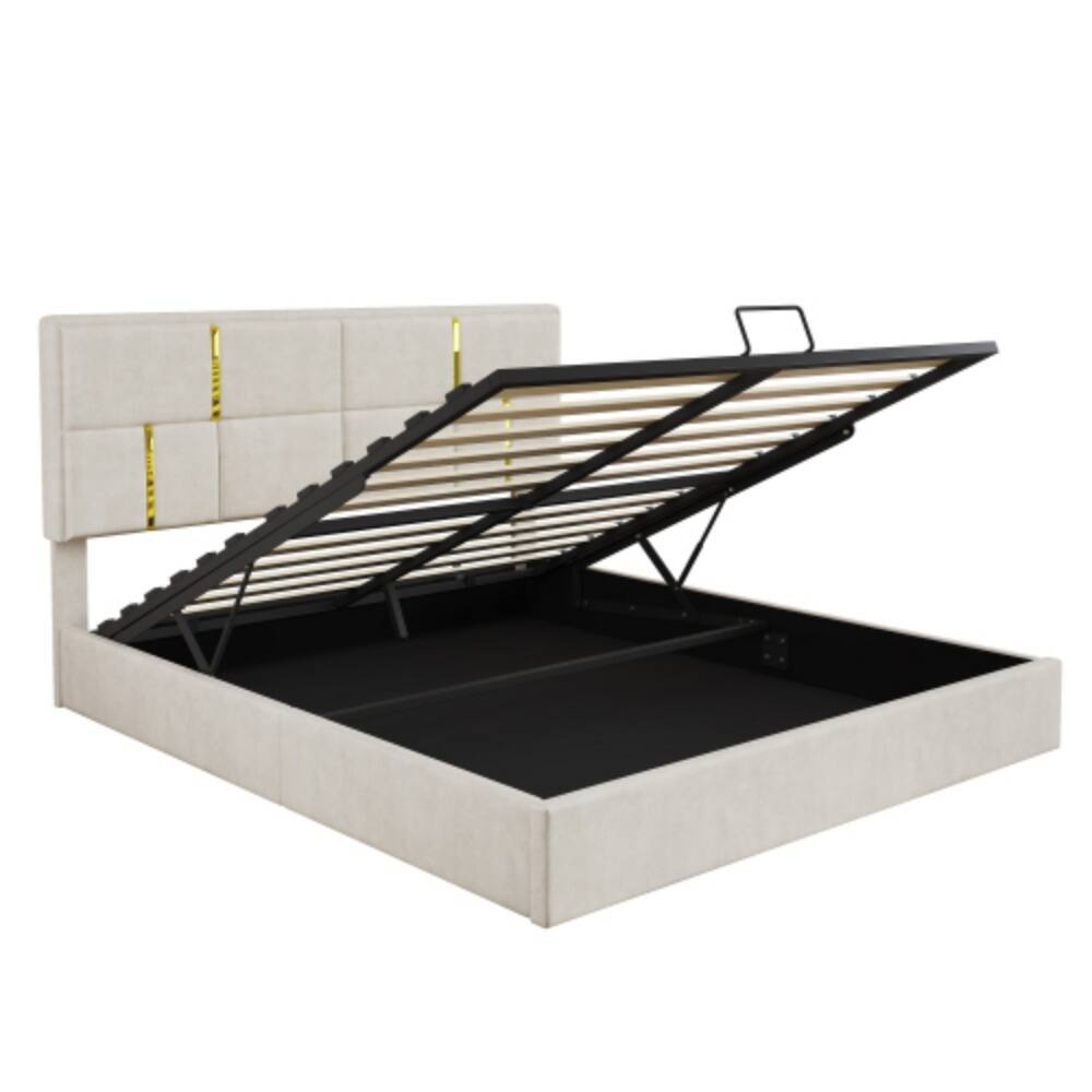 Left. LUCKY ONE - Queen Size Upholstered Platform Bed with Hydraulic Storage System, Soft Fabric Headboard, No Box Spring Needed - Beige.