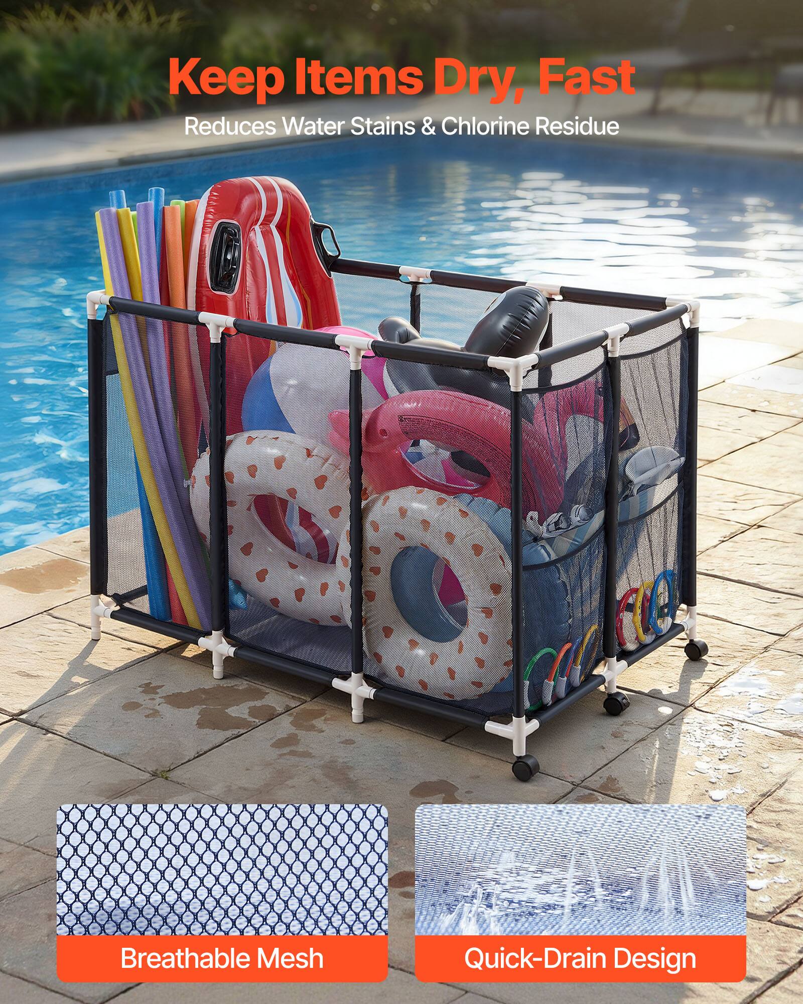 Keep Items Dry, Fast  
Reduces Water Stains & Chlorine Residue  

Breathable Mesh Quick-Drain Design