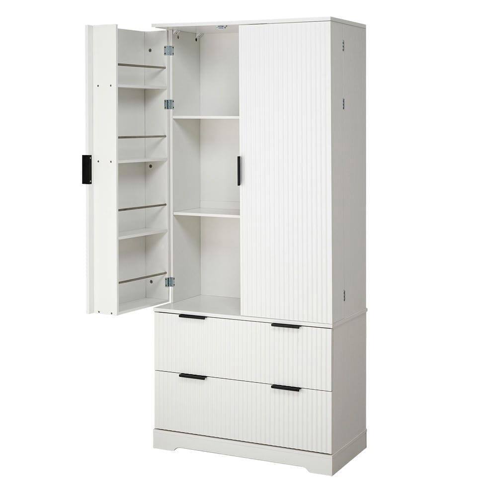 Back. Kadyn - 72" Fluted Pantry Cabinet with Spice Rack and Large Storage Drawers - White - White.