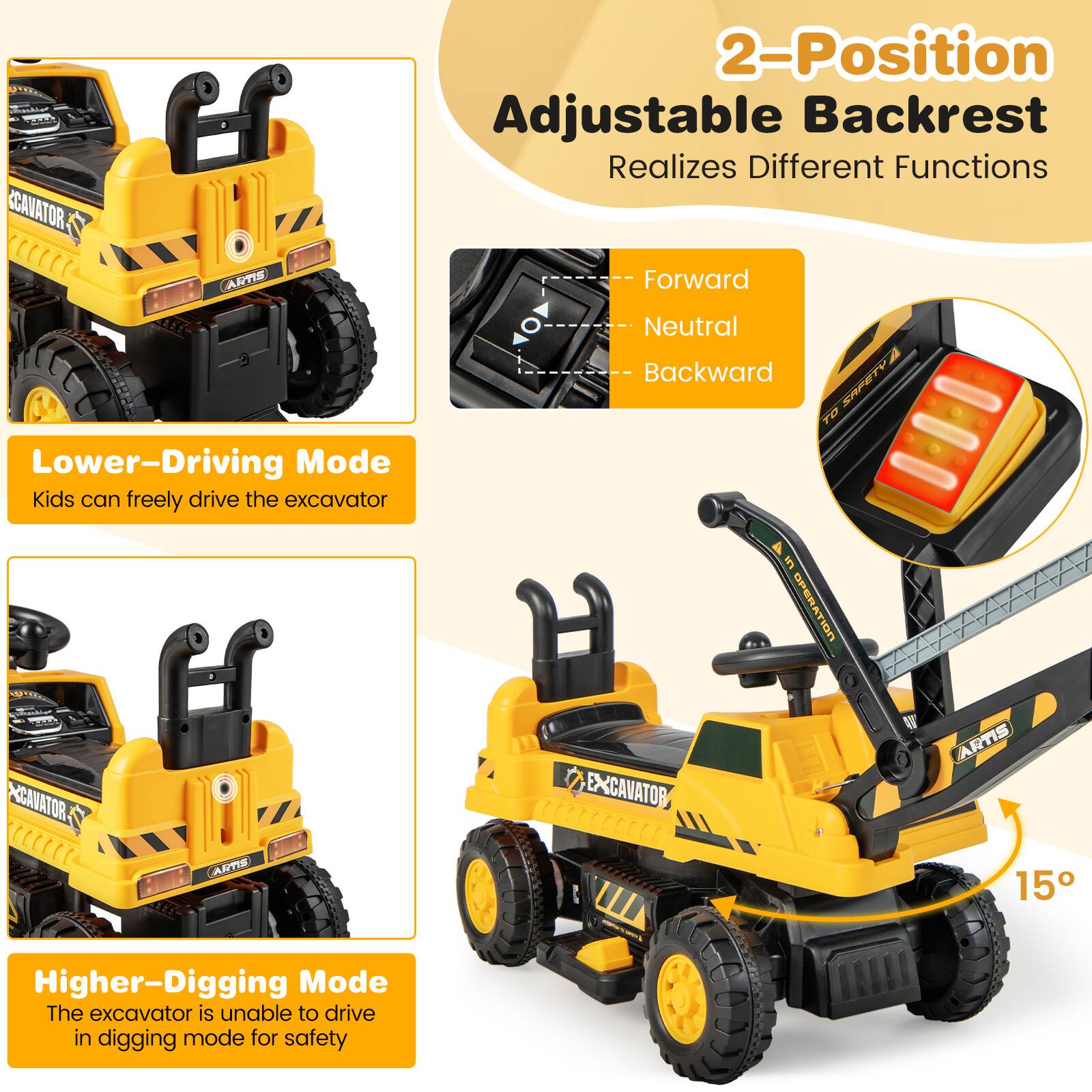 2-Position Adjustable Backrest  
Realizes Different Functions  

Lower-Driving Mode  
Kids can freely drive the excavator  

Higher-Digging Mode  
The excavator is unable to drive in digging mode for safety  

Forward  
Neutral  
Backward  

15°