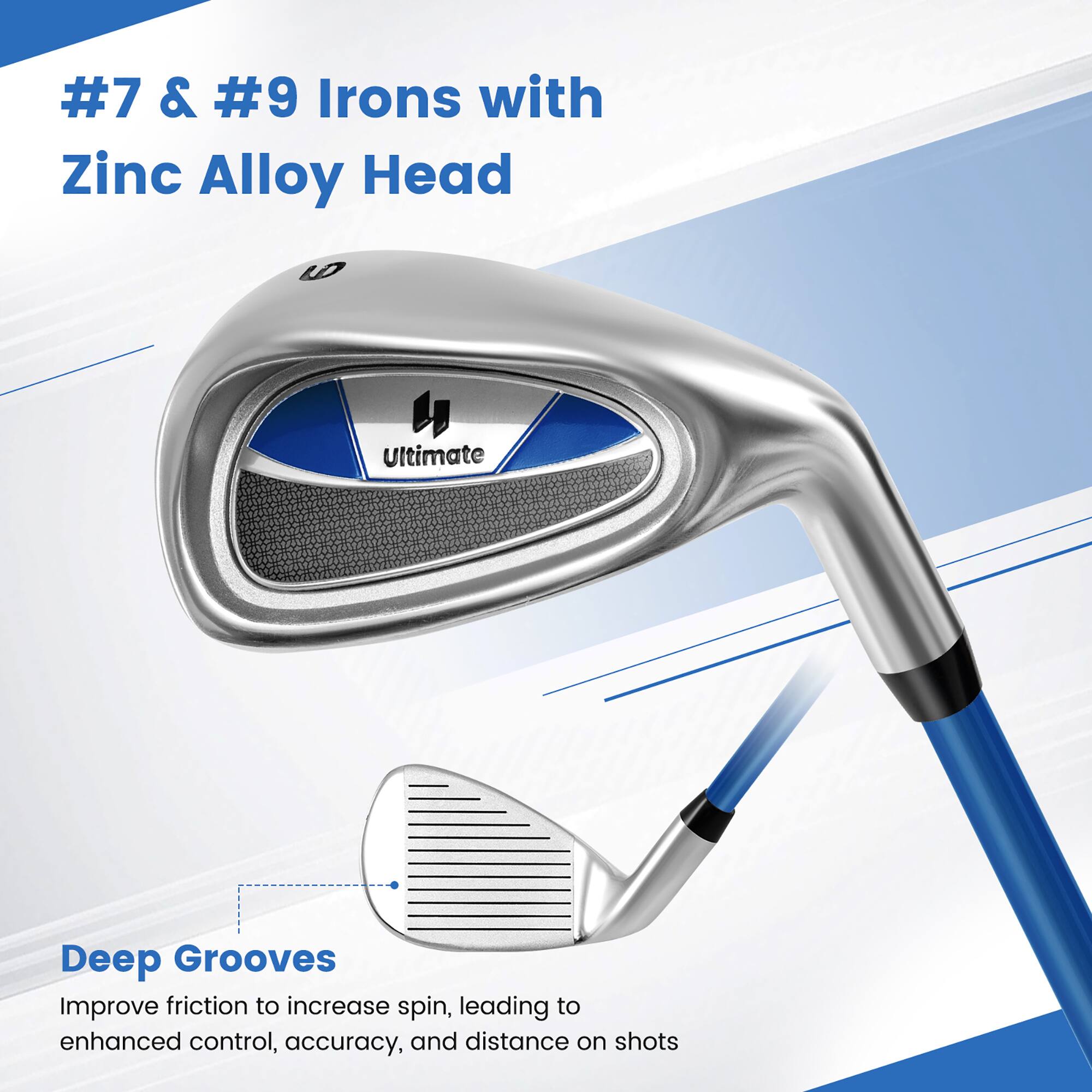 #7 & #9 Irons with Zinc Alloy Head

Deep Grooves
Improve friction to increase spin, leading to enhanced control, accuracy, and distance on shots