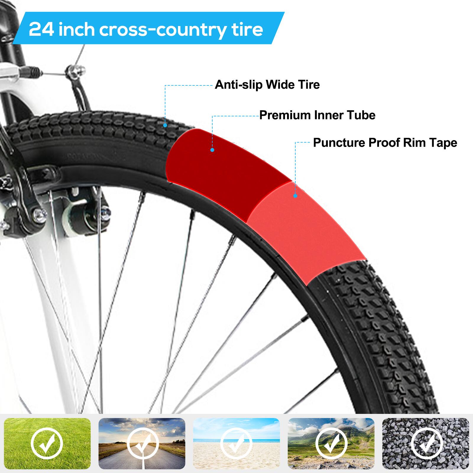 24 inch cross-country tire

- Anti-slip Wide Tire
- Premium Inner Tube
- Puncture Proof Rim Tape