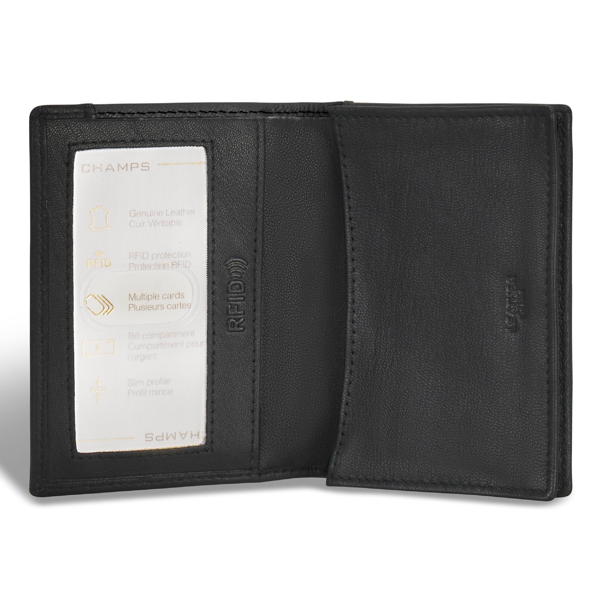 CHAMPS Genuine Leather Cuir Véritable RFID protection Protection RFID Multiple cards Plusieurs cartes Bill compartment Compartiment pour argent Slim profile Profil mince