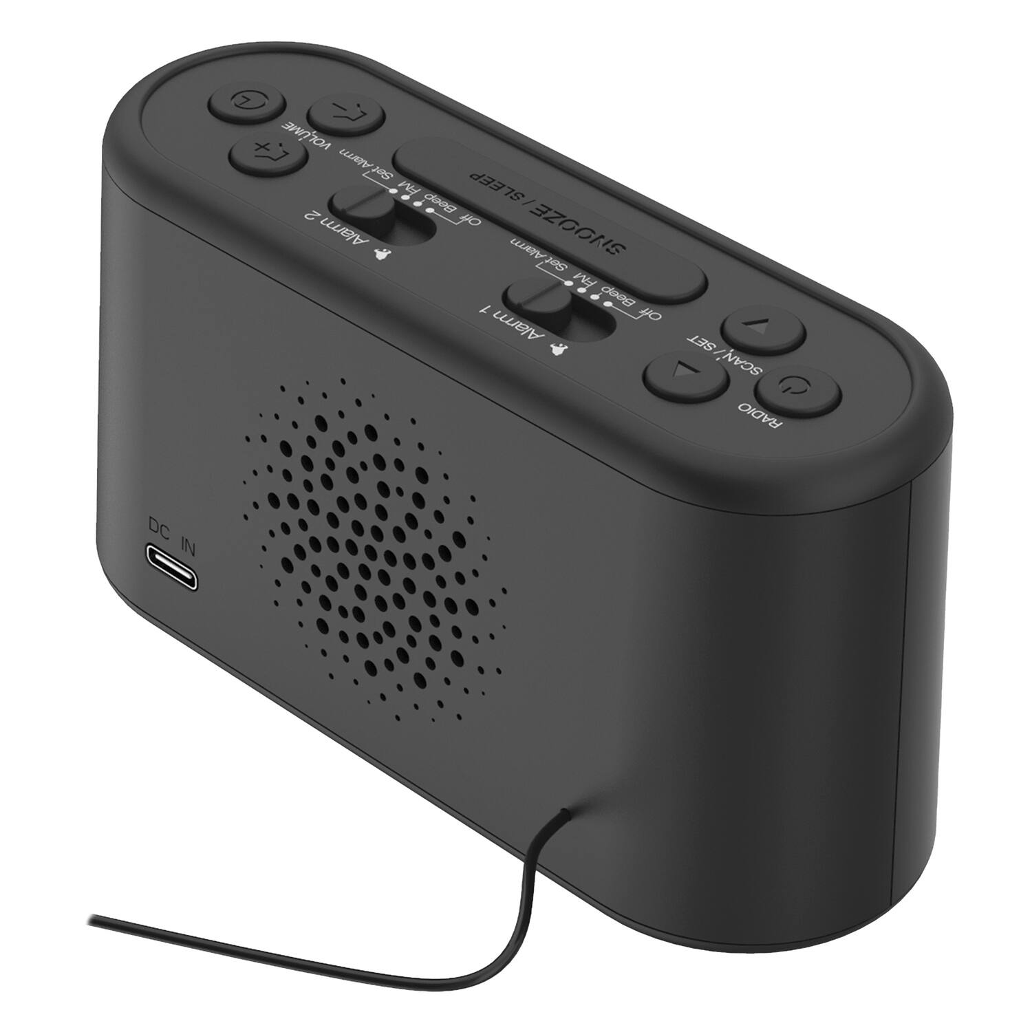 VOLUME ▲ ▼  
ALARM 2  
ALARM 1  
SNOOZE  
SLEEP  
ALARM  
SET / SCAN  
RADIO  
DC IN