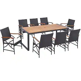 Costway - 9 Pieces Patio Rattan Dining Set with Acacia Wood Table, 1.9" Umbrella Hole - Mix Brown + Off White