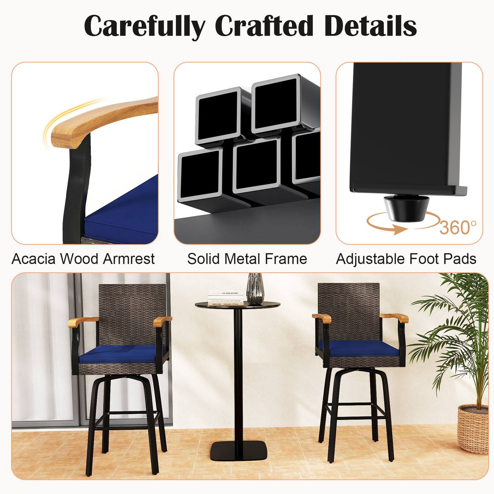 Carefully Crafted Details

- 360° Acacia Wood Armrest
- Solid Metal Frame
- Adjustable Foot Pads