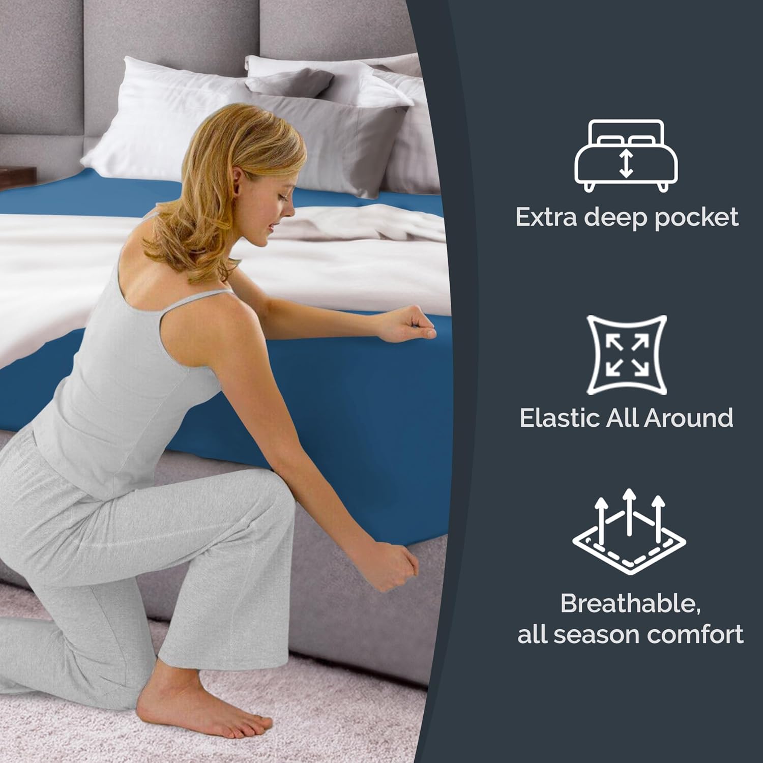 1. Extra deep pocket  
2. Elastic All Around  
3. Breathable, all season comfort