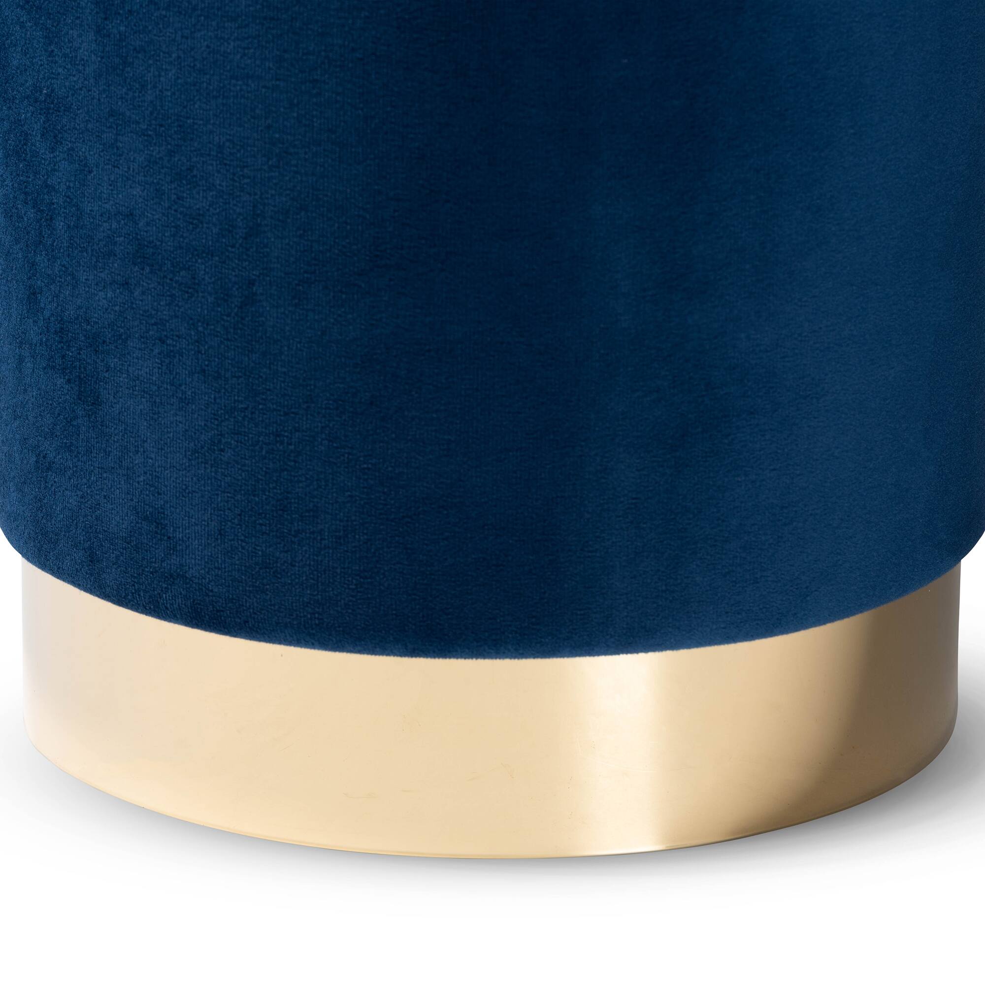 Angle. Baxton Studio - Chaela Contemporary Glam and Luxe Velvet Fabric Upholstered and Gold Finished Metal Ottoman - Navy Blue/Gold.