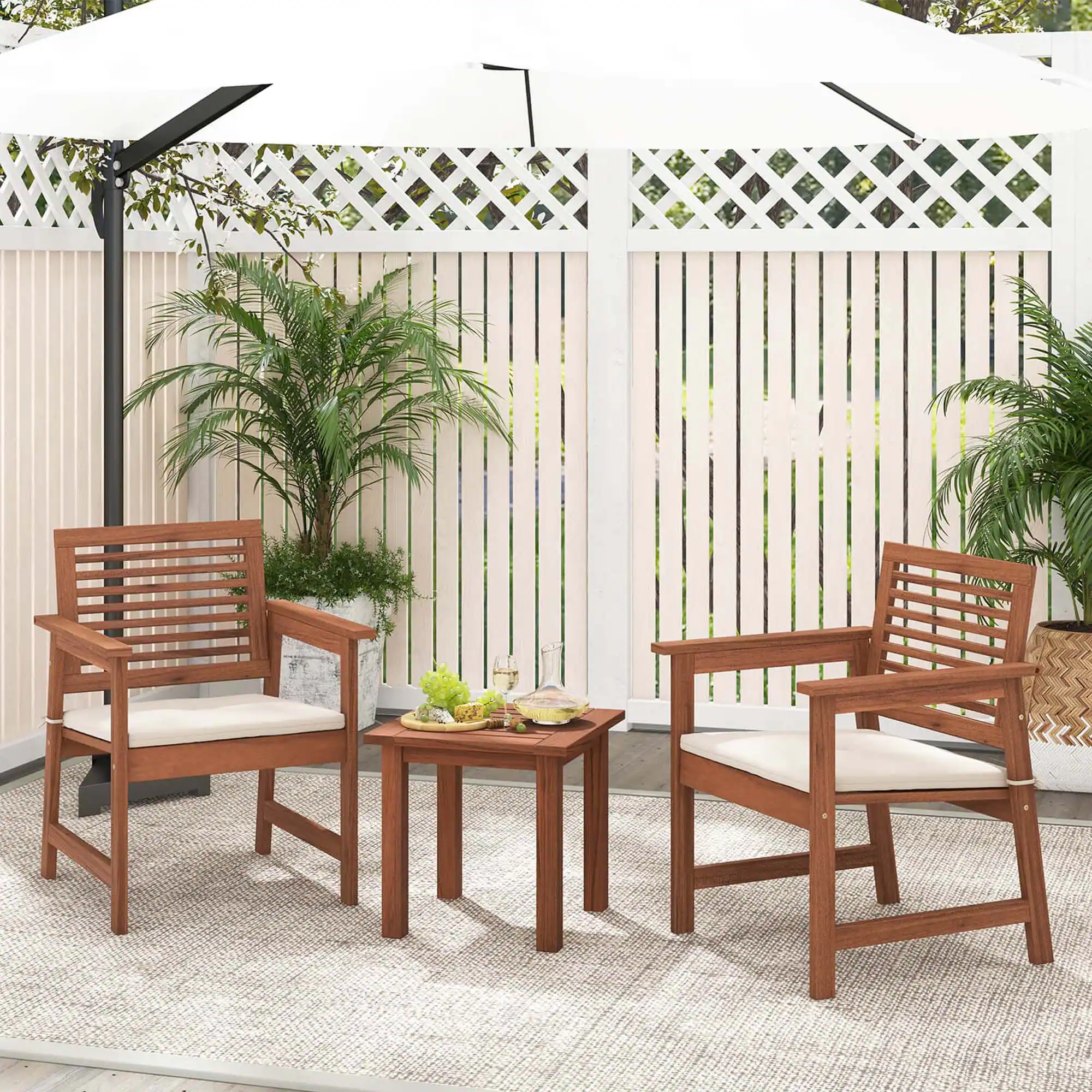 Alt View 2. Costway - 3 PCS Patio Furniture Set with 2 Seat Cushions Coffee Table Solid Wood Chairs - Natural + Off White.