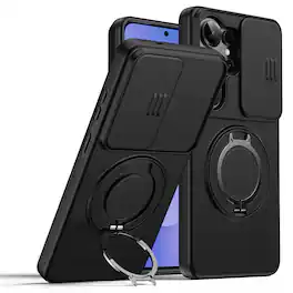 Dteck - Heavy Duty Case for Samsung Galaxy S26 Ultra with Foldable Ring Stand,Bulit in Slide Camera Cover,Fit Magnetic Car Mount - Black
