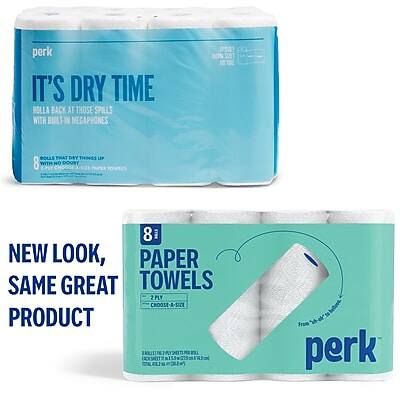 **Perk**

**It's Dry Time**  
Holla back at those spills with built-in megaprones that dry things up 8x with no dust.  
8 rolls, 2-ply, 100 sheets per roll, 800 sheets total.  
100% recycled paper.  

**New Look, Same Great Product**  
8 rolls, 2-ply, 100 sheets per roll, 800 sheets total.  
Recyclable packaging.  

**Perk**