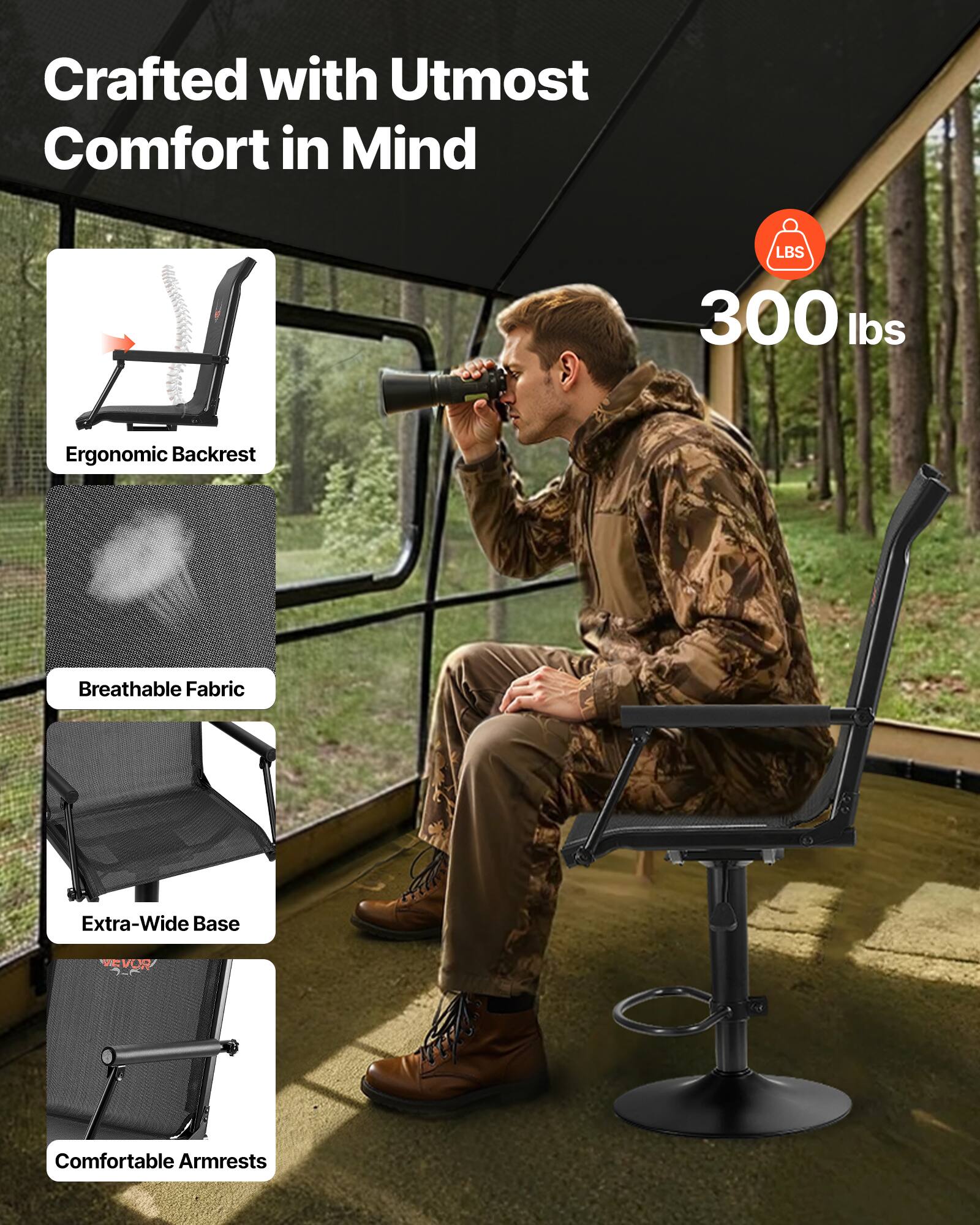 Crafted with Utmost Comfort in Mind

- LBS 300 lbs
- Ergonomic Backrest
- Breathable Fabric
- Extra-Wide Base
- Comfortable Armrests