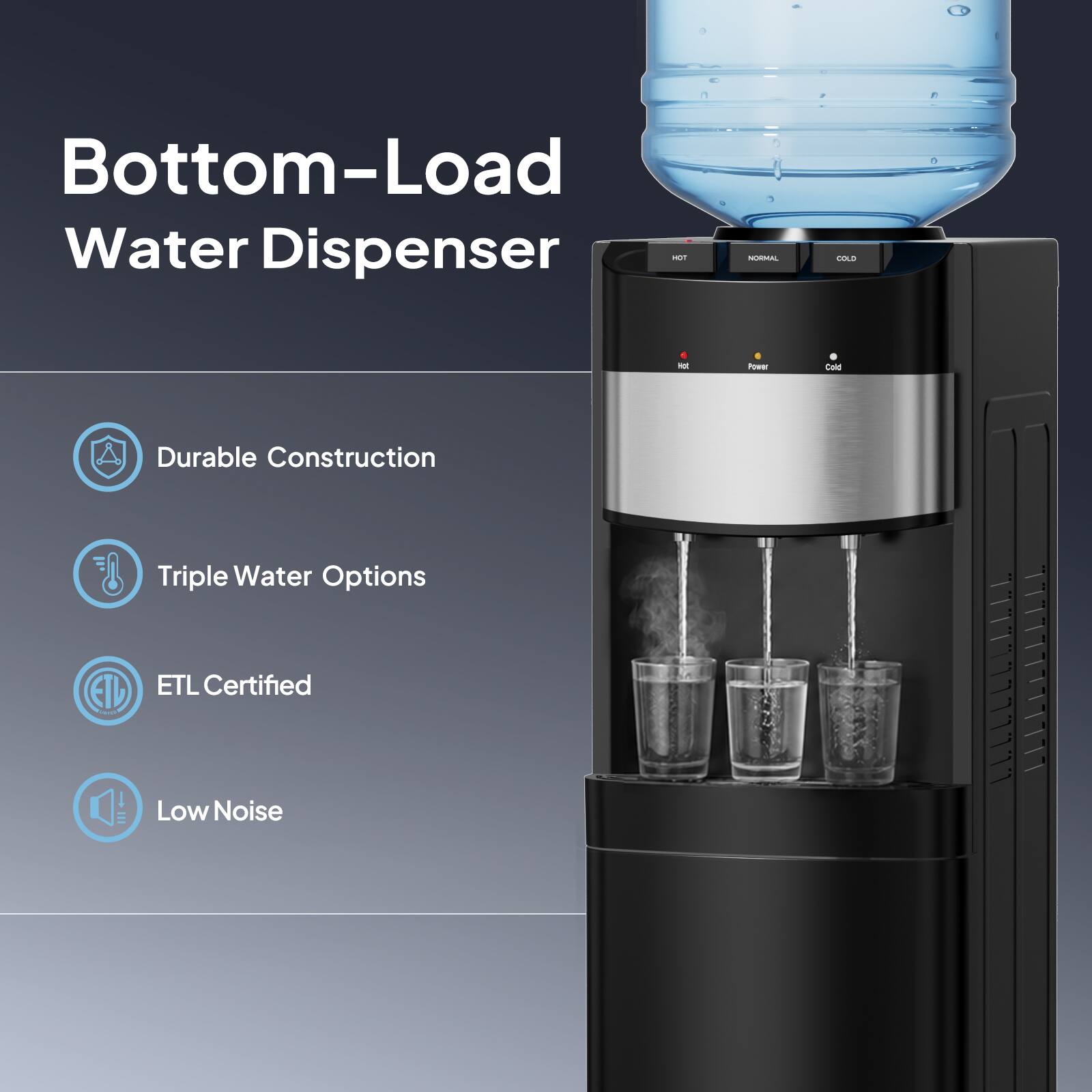 Bottom-Load Water Dispenser  
- Durable Construction  
- Triple Water Options  
- ETL Certified  
- Low Noise