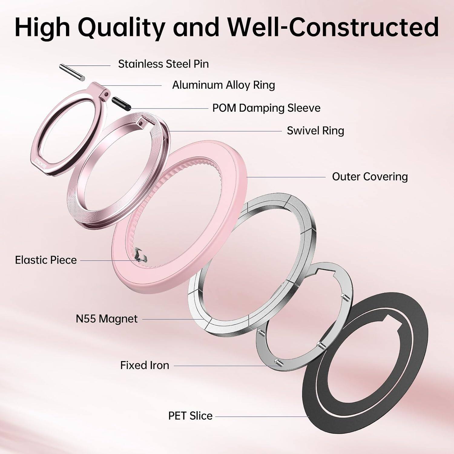 High Quality and Well-Constructed

- Stainless Steel Pin
- Aluminum Alloy Ring
- POM Damping Sleeve
- Swivel Ring
- Outer Covering
- Elastic Piece
- N55 Magnet
- Fixed Iron
- PET Slice
