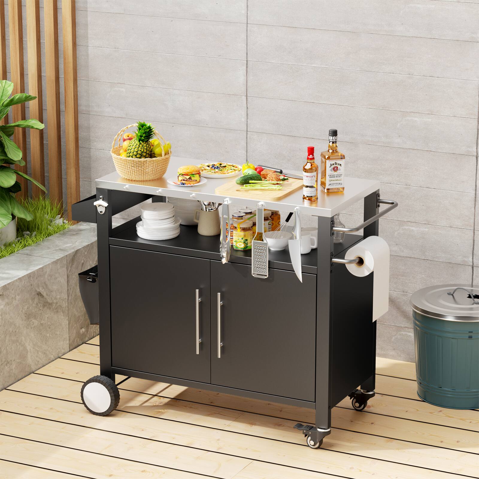 Alt View 1. Chateau Abodes - Outdoor Grill Cart & BBQ Station with Storage, Hooks, Spice Rack & Wheels for Patio & Grilling Accessories - Black-L.