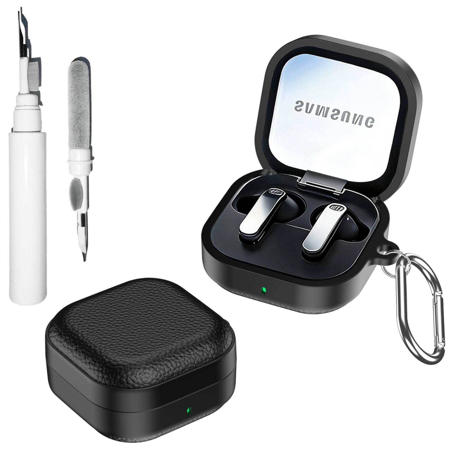 Dteck - for Samsung Galaxy Buds 4 & Buds 4 Pro Case with Carabiner, Lychee Texture Faux Leather Shockproof TPU Cover - Black