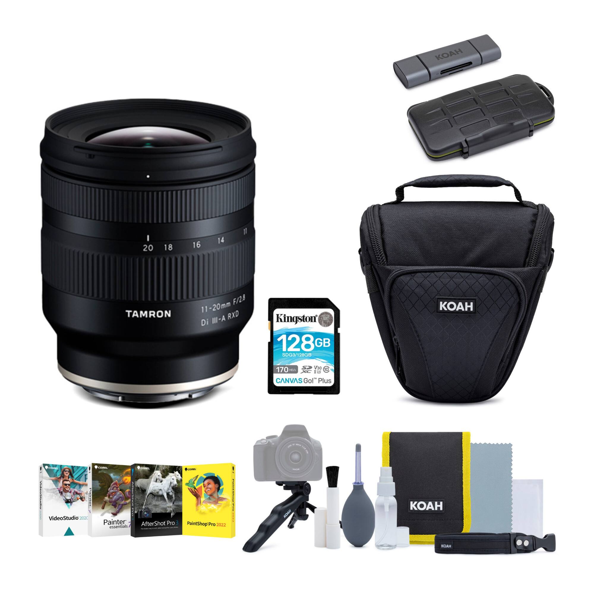 Sure, here is the corrected and grouped text from the image:

---

**Camera Lens:**
- TAMRON
- 11-20mm F/2.8 Di III-A RXD

**Memory Card:**
- Kingston
- 128GB
- SDXC UHS-II
- 170MB/s
- CANVAS GOLD Plus

**Accessories:**
- KOAH
- 28GB
- 128GB
- SDXC UHS-II
- 170MB/s
- CANVAS GOLD Plus

**Software:**
- VideoStudio
- Painter
- AfterShot Pro
- PaintShop Pro 2020

**Other Items:**
- KOAH
- KOAH
- KOAH

---