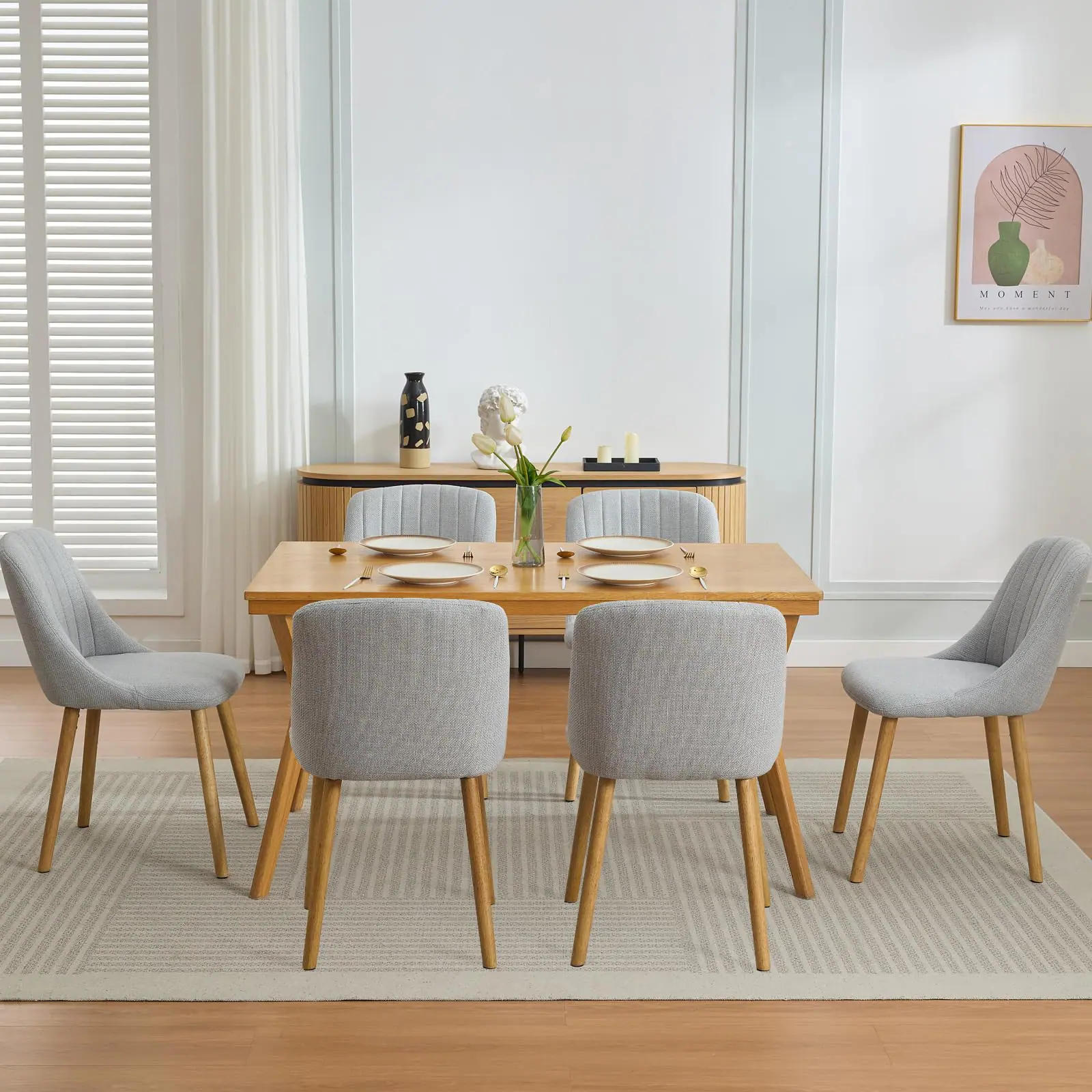 Front. Jojoka - Dining Chairs Set of 6, Fabric Upholstered Kitchen Side Chairs with Curved Backrest & Oak Legs - Gray.