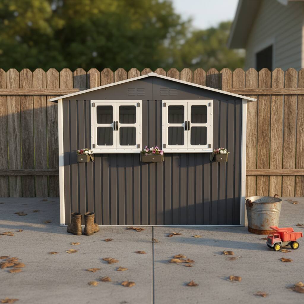 Left. Anysun - 6x9 FT Outdoor Metal Storage Shed with Window & Flower Rack – Lockable Double Doors Tool Shed, Waterproof Weatherproof - Gray.