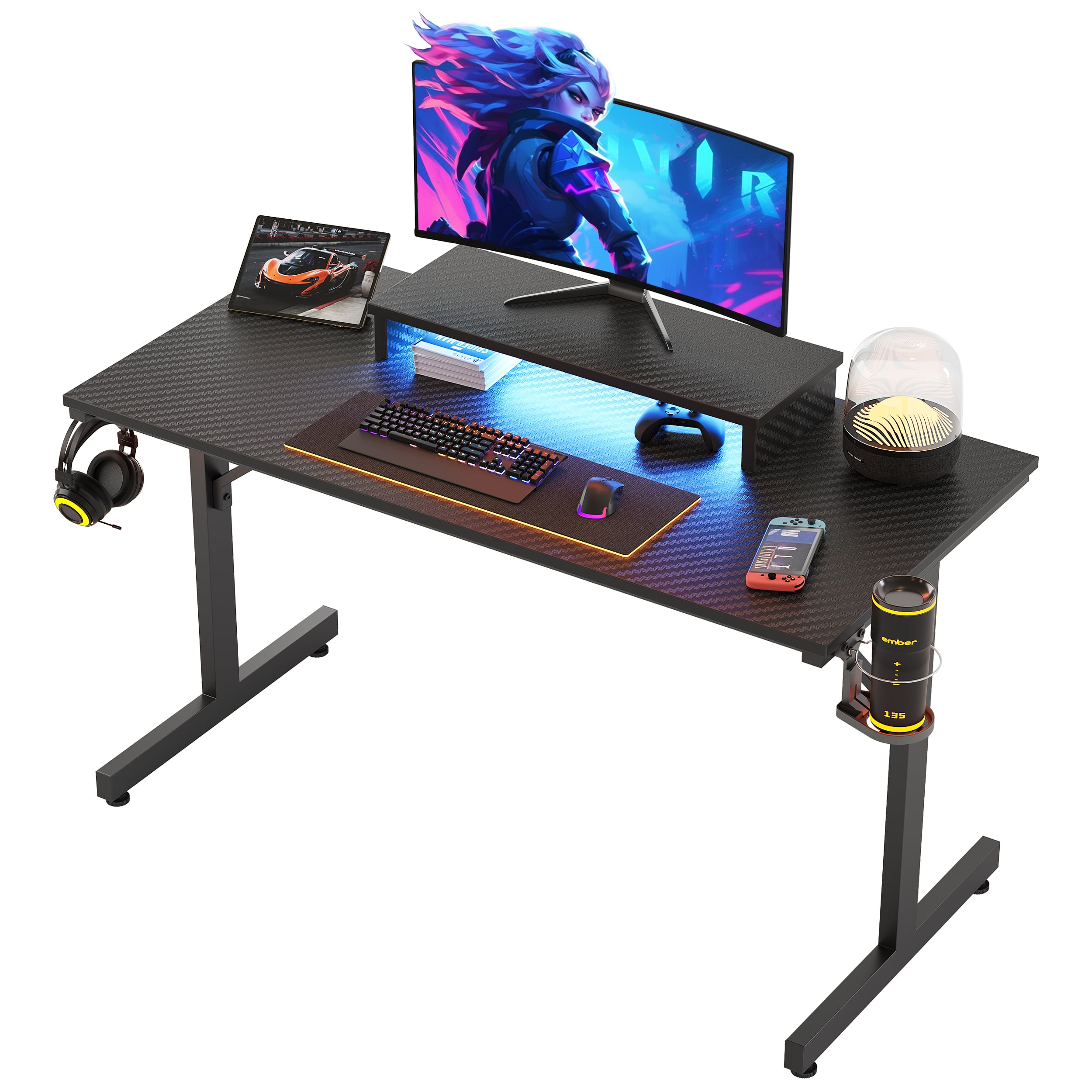 Bestier - 42-inch Gaming Desk with RGB Lights, Ergonomic Monitor Stand & Accessory Hooks - Black Carbon Fiber