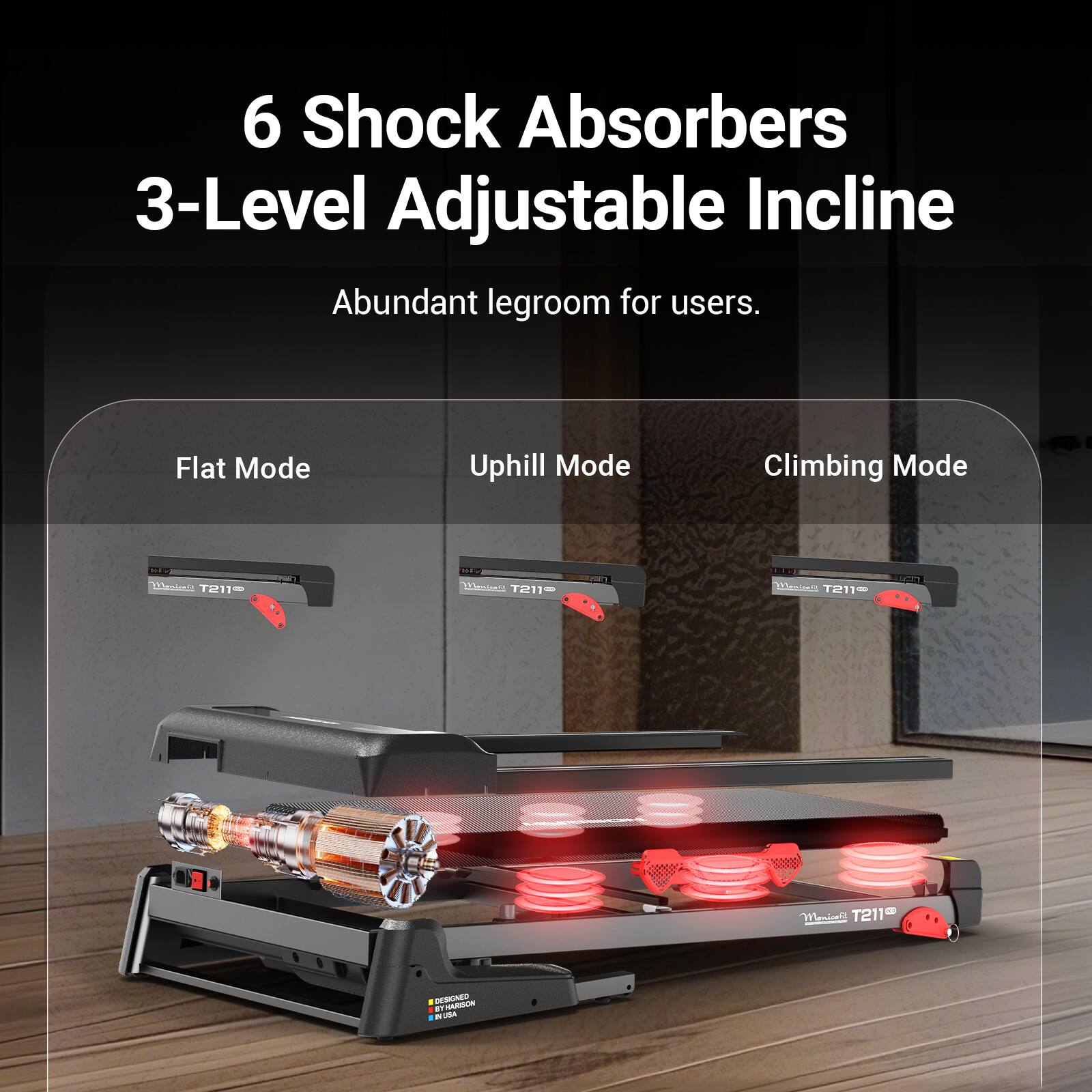 6 Shock Absorbers  
3-Level Adjustable Incline  
Abundant legroom for users.  
Flat Mode  
Uphill Mode  
Climbing Mode