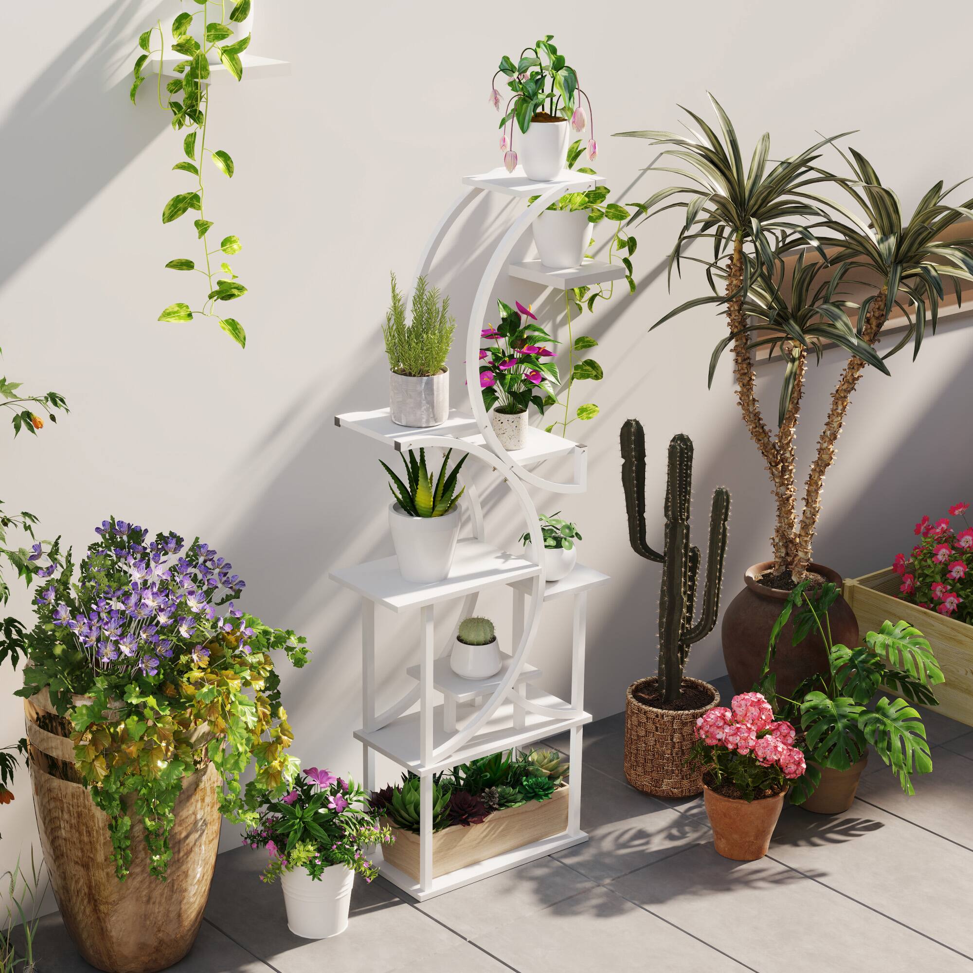 Alt View 7. Outsunny - 8 Tier Plant Stand Indoor, 62" Tall Plant Shelf, S-Shaped Plant Rack for Multiple Plants, Corner Plant Flower Holder - White.