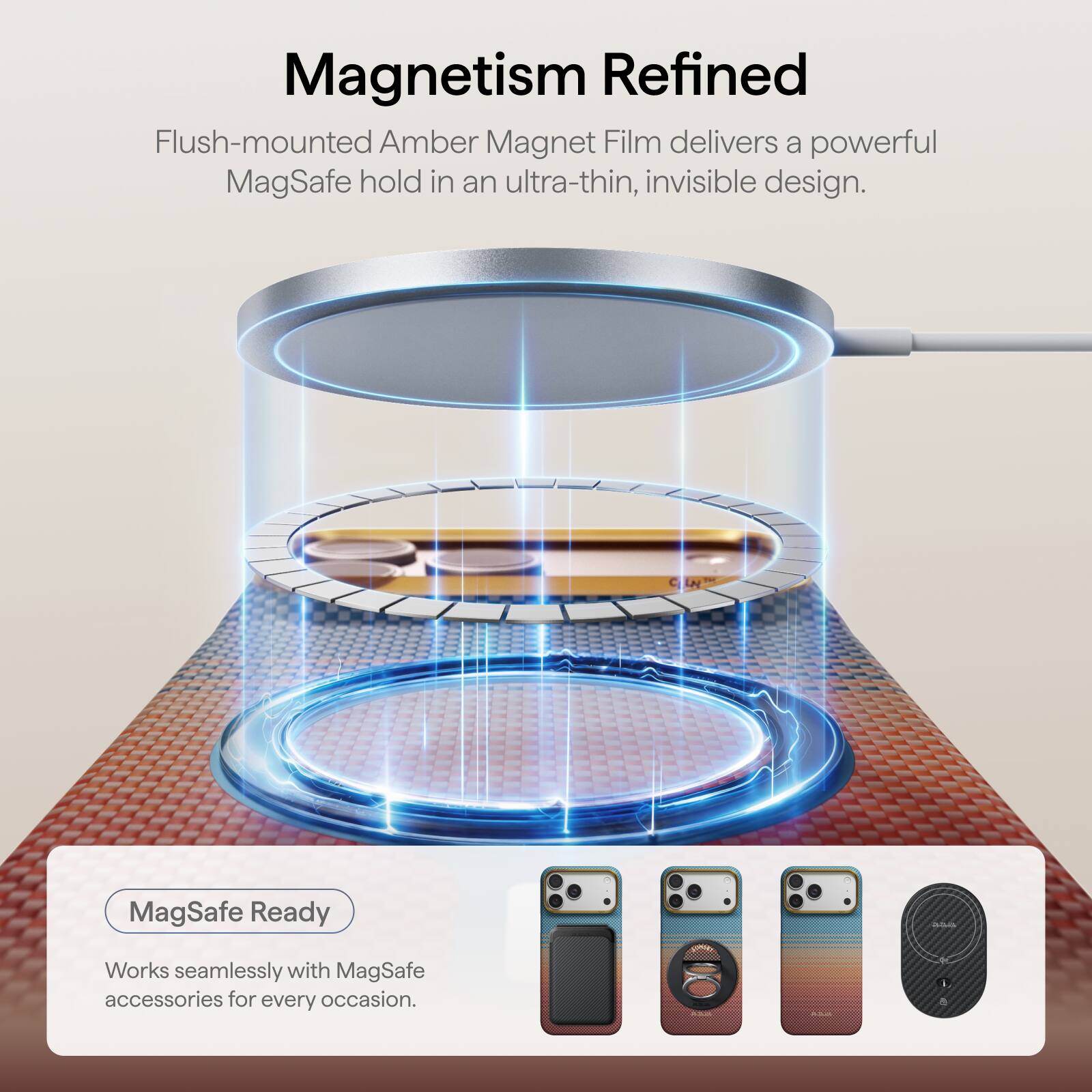 Magnetism Refined

Flush-mounted Amber Magnet Film delivers a powerful MagSafe hold in an ultra-thin, invisible design.

MagSafe Ready

Works seamlessly with MagSafe accessories for every occasion.