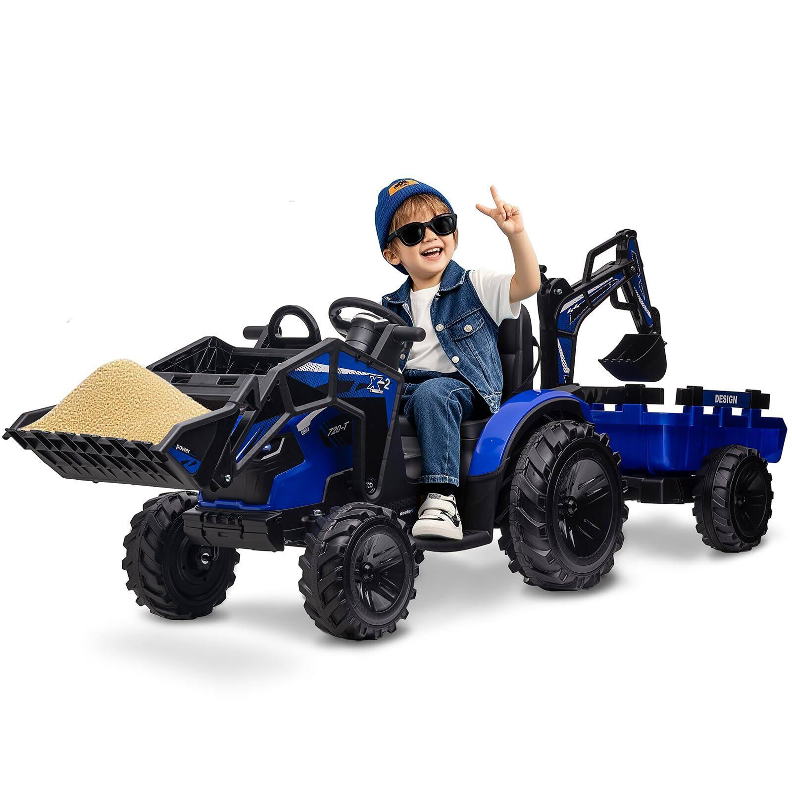 Jojoka - 3 in 1 Ride on Tractor, Excavator & Bulldozer, GAOMON 24V Electric Vehicles w/Trailer - Purple