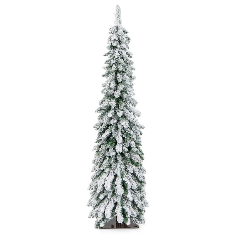 WELLFOR - 5 ft Pre‑lit Snow‑Flocked Slim Pencil Christmas Tree with 334 Branch Tips,150 LED Lights‑Holiday Indoor Decoration - White & Green