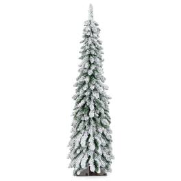 WELLFOR - 5 ft Pre‑lit Snow‑Flocked Slim Pencil Christmas Tree with 334 Branch Tips,150 LED Lights‑Holiday Indoor Decoration - White & Green