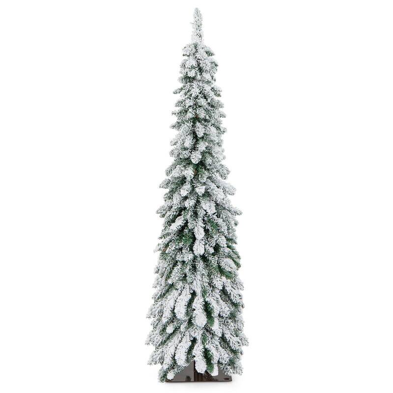 Front. WELLFOR - 5 ft Pre‑lit Snow‑Flocked Slim Pencil Christmas Tree with 334 Branch Tips,150 LED Lights‑Holiday Indoor Decoration - White & Green.