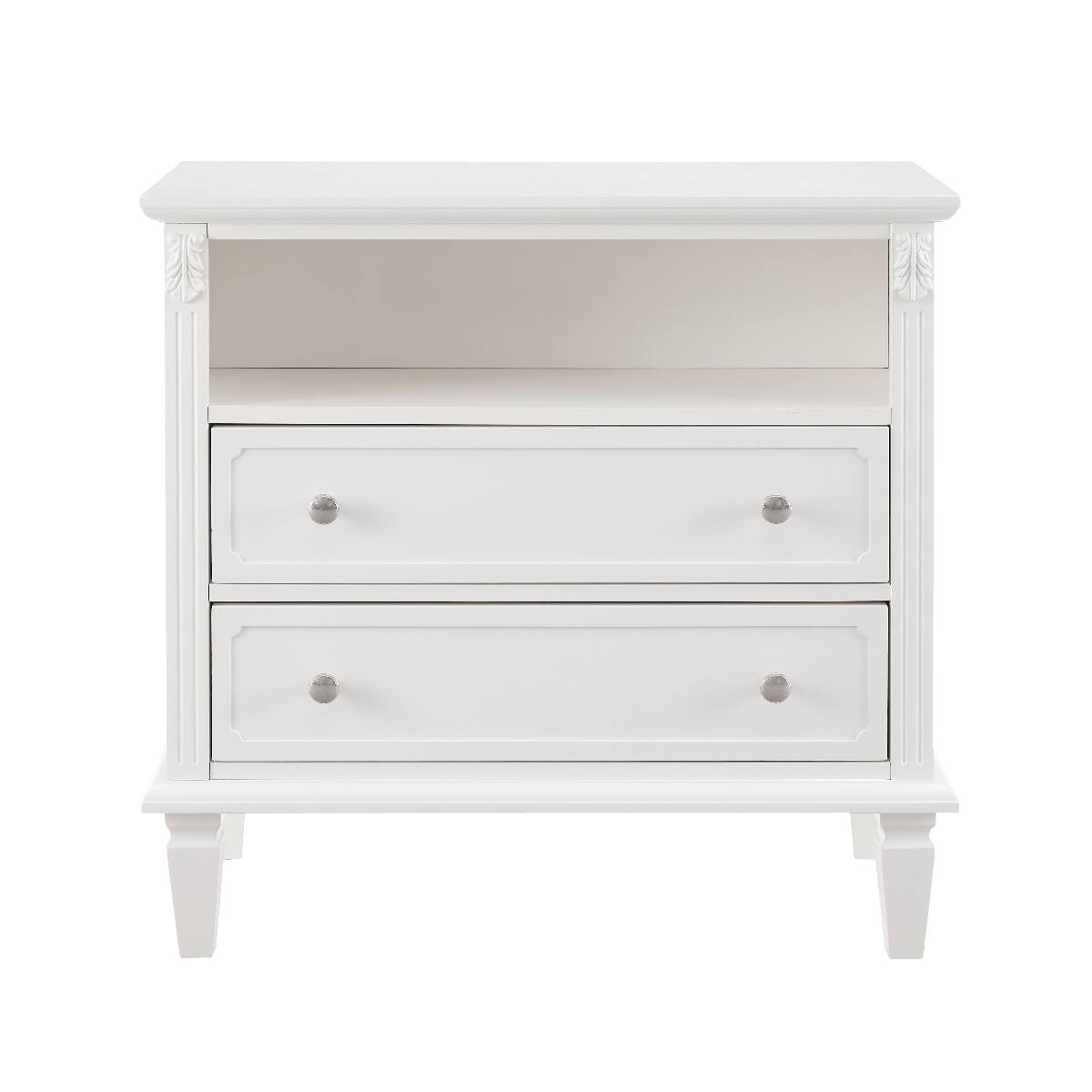 Alt View 3. Loheer - Loheer White Nightstand with Charging Station, Two Drawers and Open Shelf, Solid Wood Legs - White.