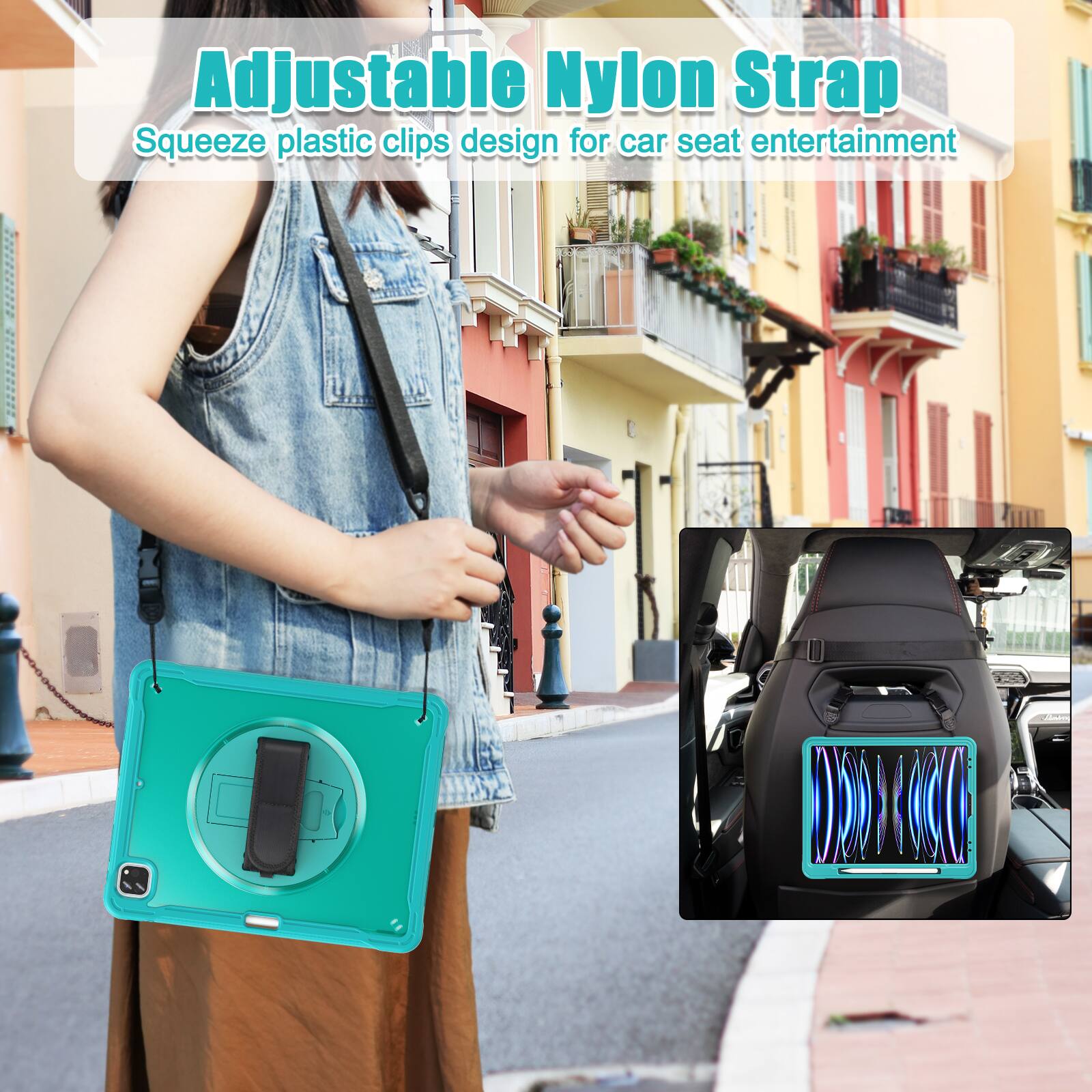 Adjustable Nylon Strap  
Squeeze plastic clips design for car seat entertainment