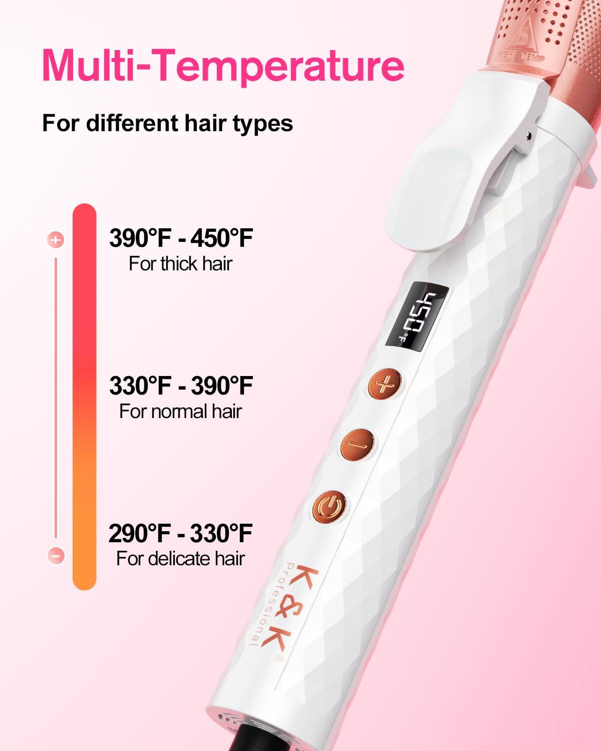 Multi-Temperature  
For different hair types  

390°F - 450°F  
For thick hair  

330°F - 390°F  
For normal hair  

290°F - 330°F  
For delicate hair
