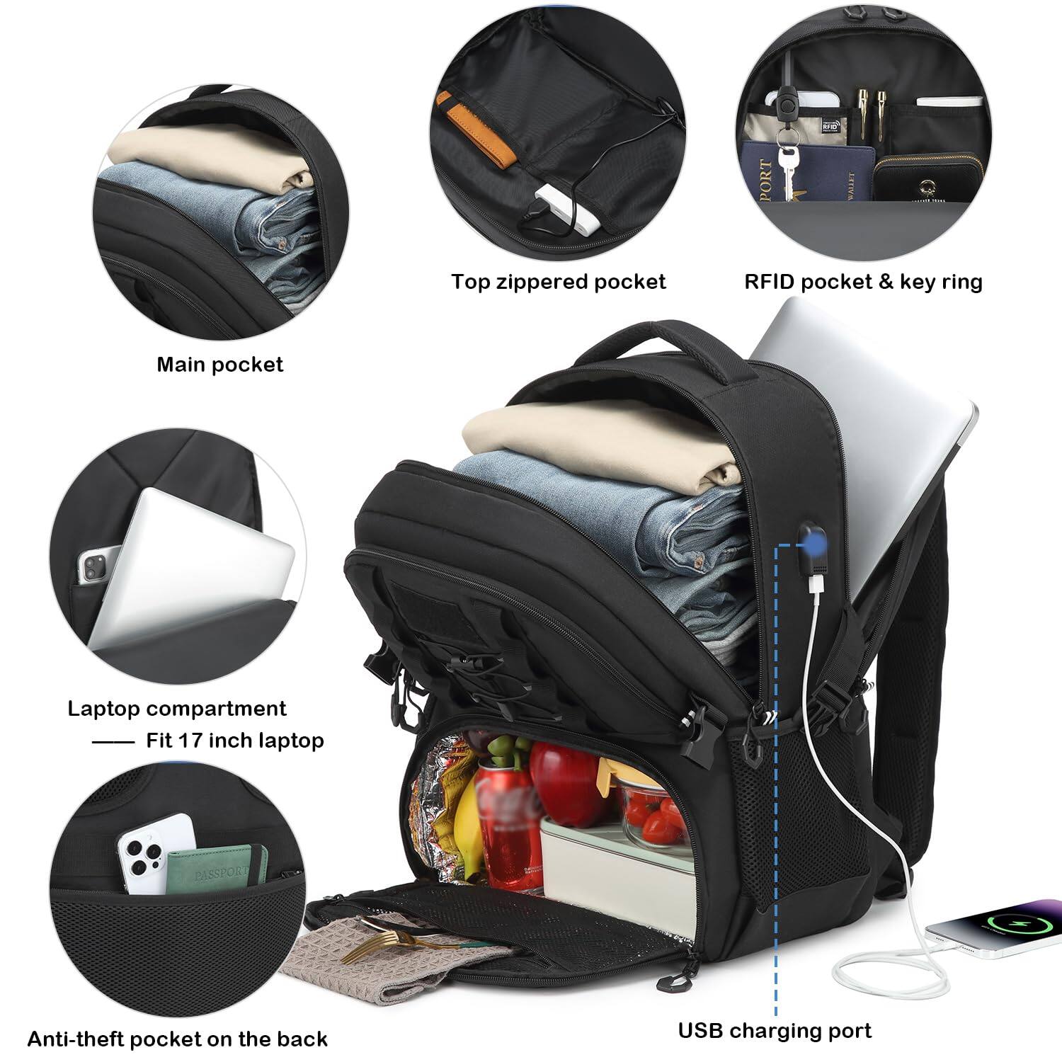 - Main pocket
- Top zippered pocket
- RFID pocket & key ring
- Laptop compartment
  - Fit 17 inch laptop
- Anti-theft pocket on the back
- USB charging port
