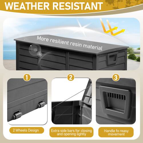 WEATHER RESISTANT

More resilient resin material

1. 2 Wheels Design
2. Extra side bars for closing and opening lightly
3. Handle for easy movement