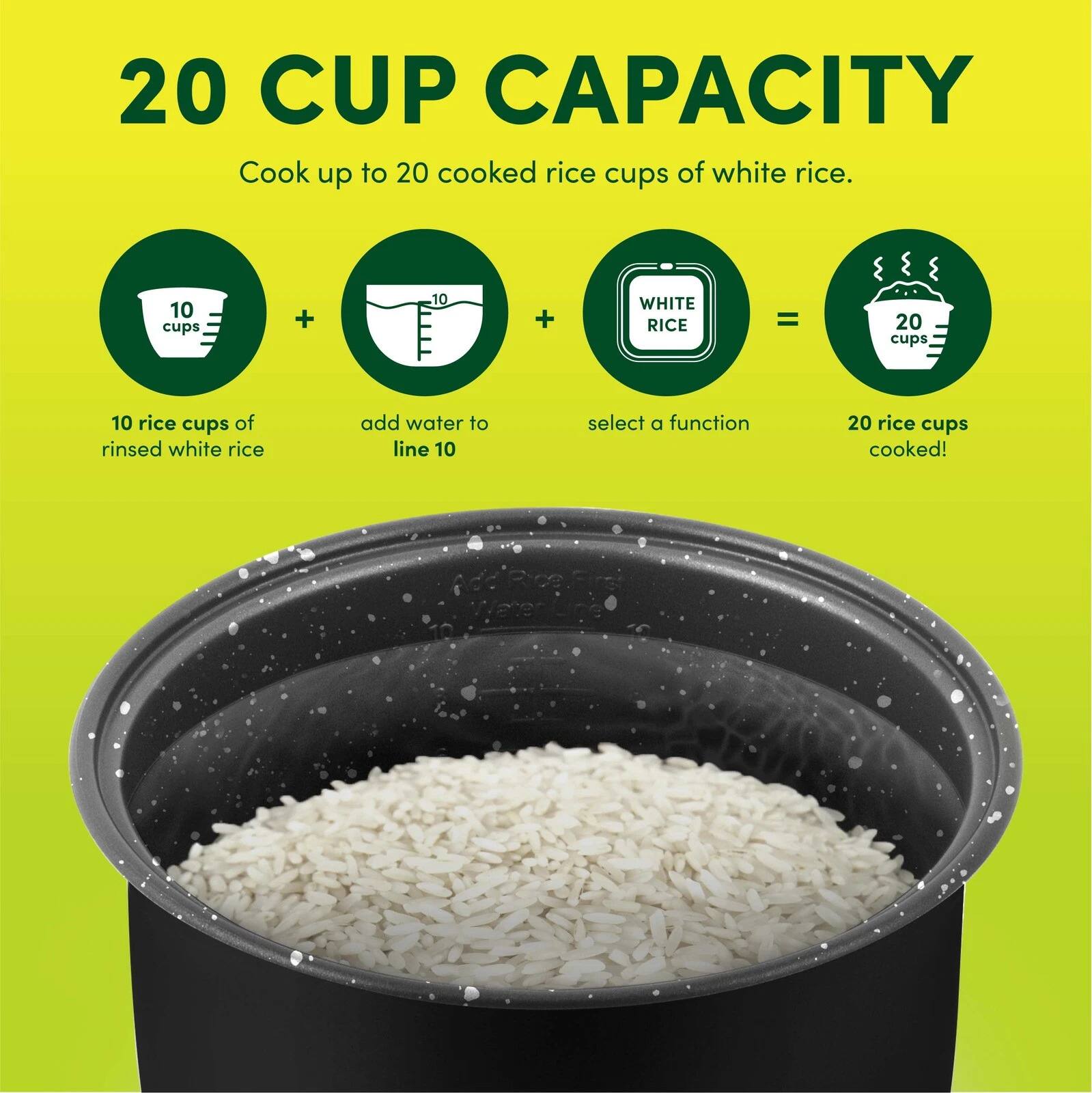 20 CUP CAPACITY  
Cook up to 20 cooked rice cups of white rice.  

10 rice cups of rinsed white rice + add water to line 10 + select a function = 20 rice cups cooked!